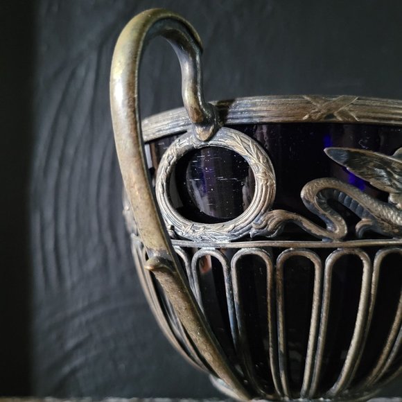 Vintage Pierced Pedestal Sugar Bowl /Blue Glass Liner, Dragons and Crest - Picture 6 of 10